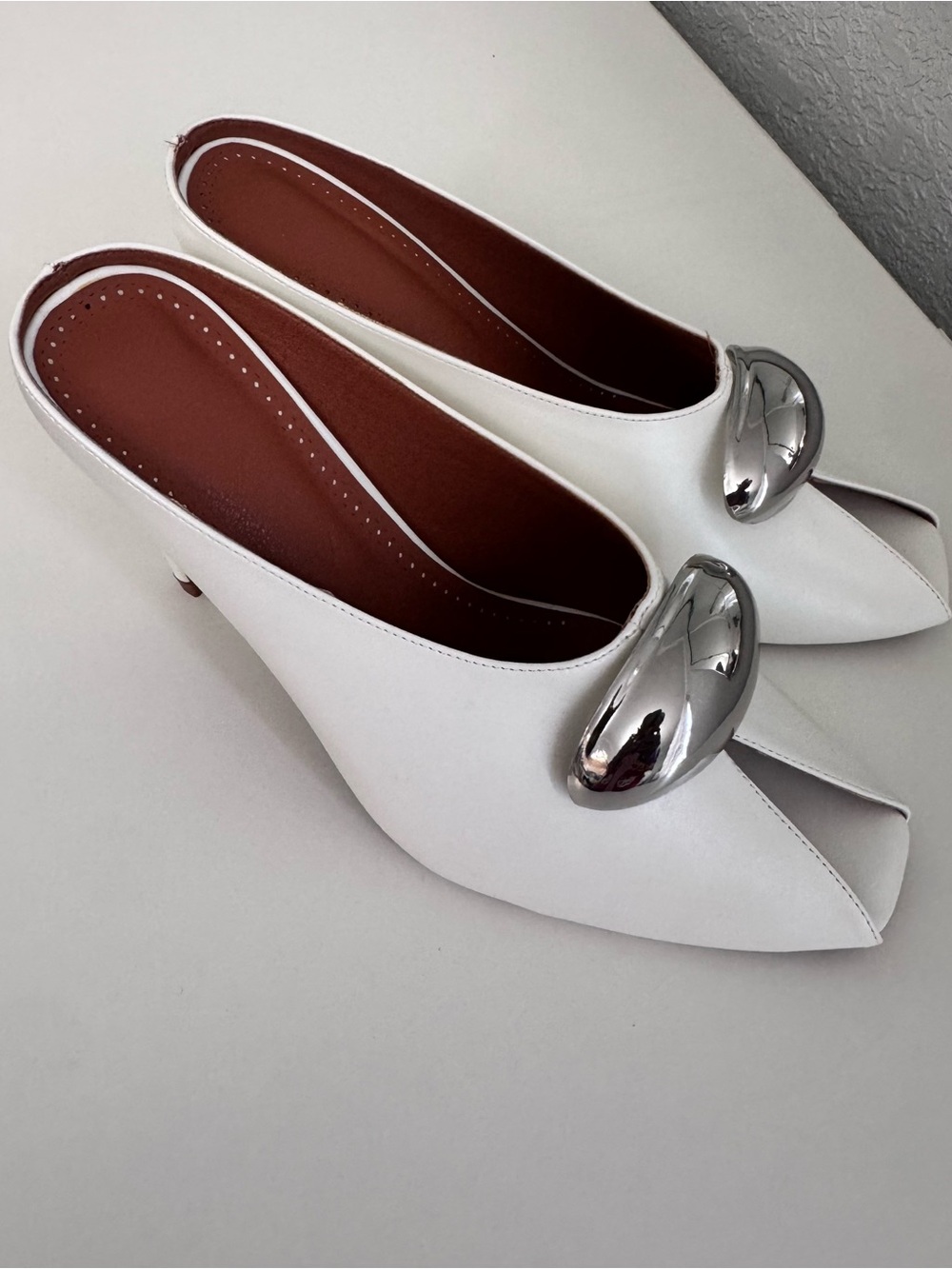 White OpenToe Statement Heel with Silver Accent - Picture 3 of 10
